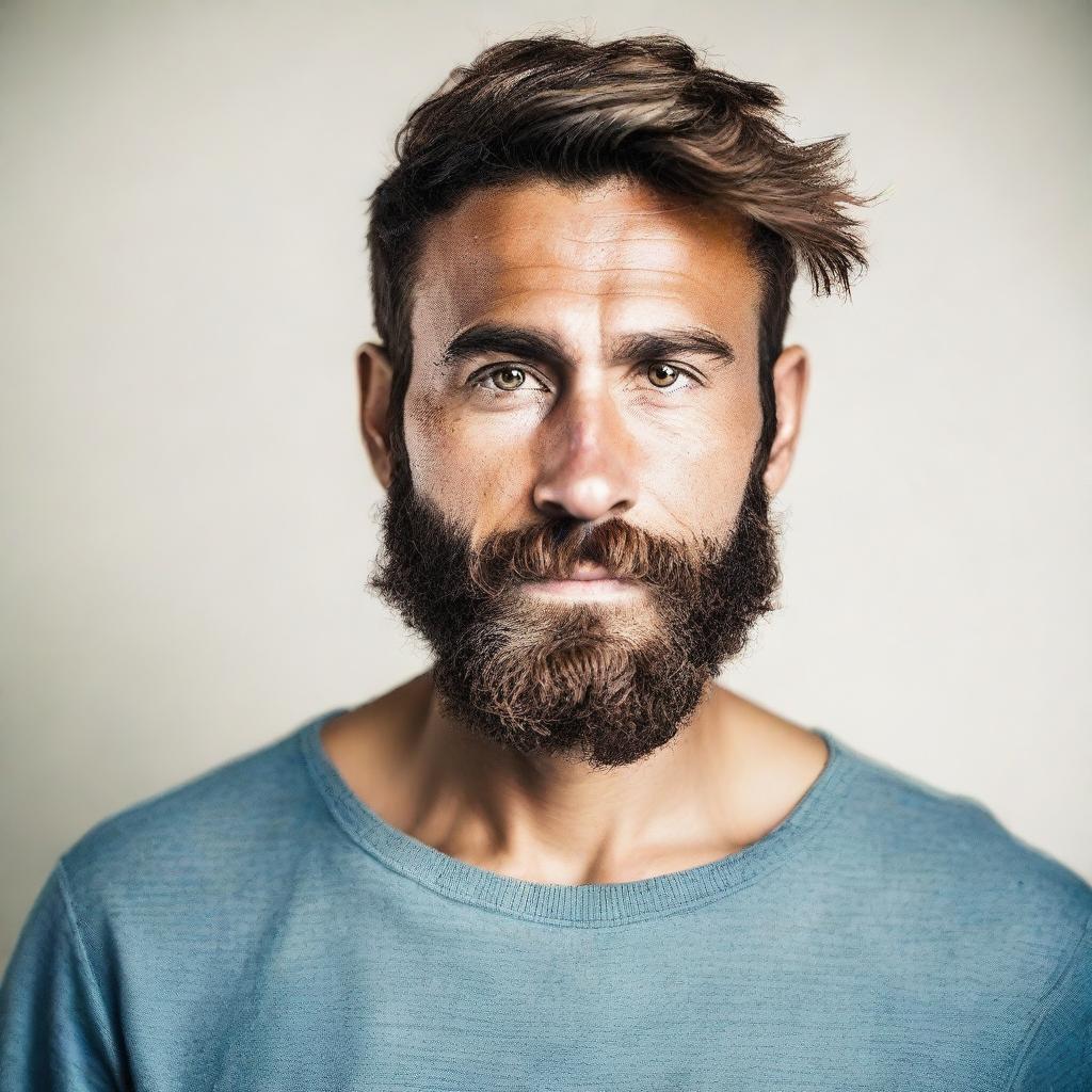 A man aged between 20 to 25 years with a beard and a burn on his left eye, tanned skin, and slanted eyes