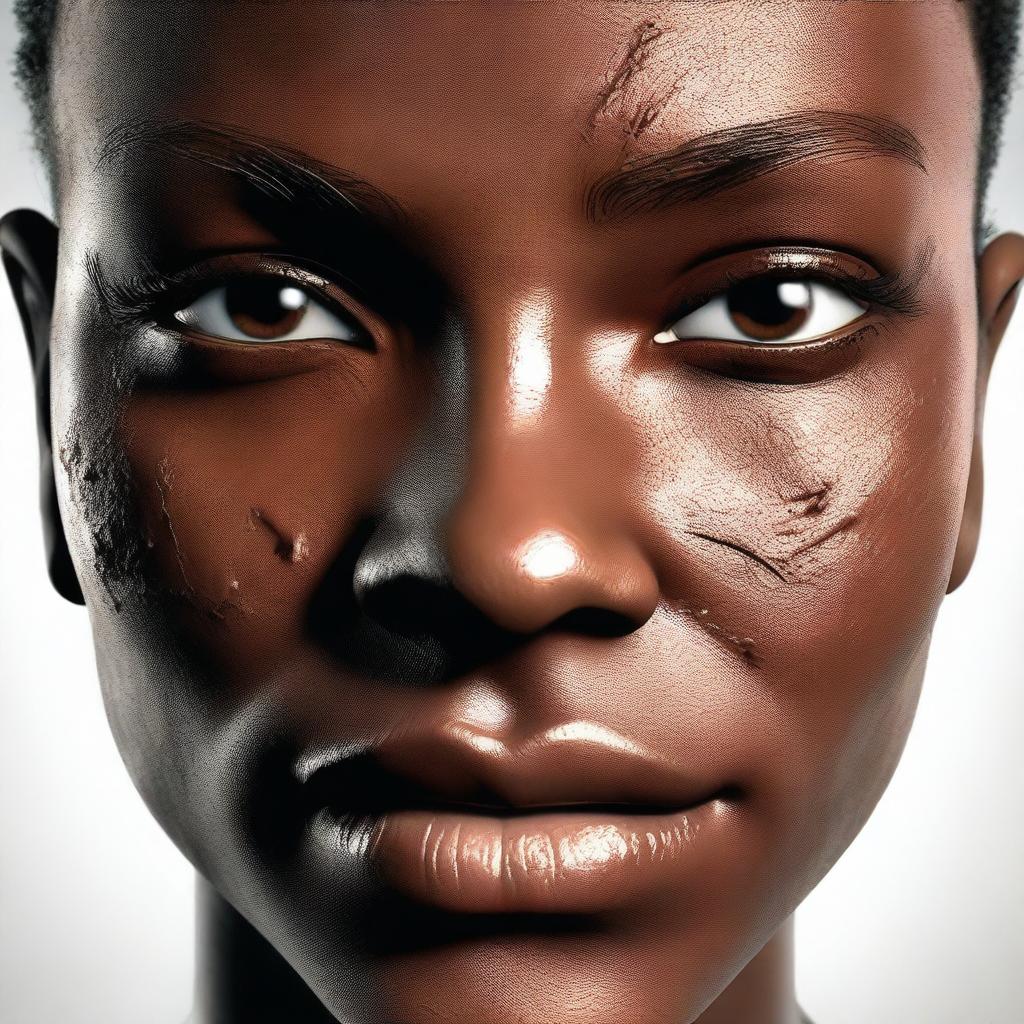 Create an image of a character with brown skin and a burn mark on their left eye