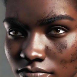 Create an image of a character with brown skin and a burn mark on their left eye