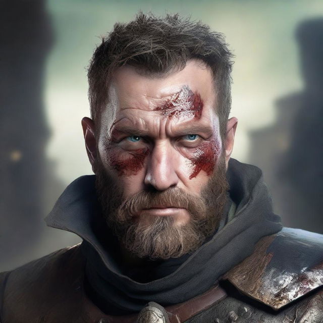 A former soldier from a fantasy empire with a burn scar on his left eye and a beard