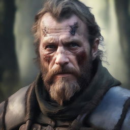 A former soldier from a fantasy empire with a burn scar on his left eye and a beard