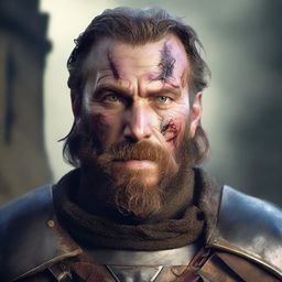 A former soldier from a fantasy empire with a burn scar on his left eye and a beard