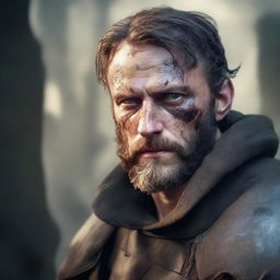 A former soldier from a fantasy empire with a burn scar on his left eye and a beard