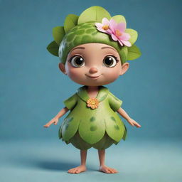 An animated character adorned in a costume designed with kiwi and lotus motifs, rendered in a cool animation style