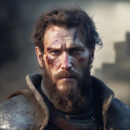 A former soldier from a fantasy empire, aged between 20 and 25, with a burn scar on his left eye and a beard