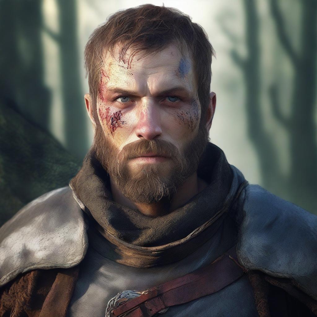 A former soldier from a fantasy empire, aged between 20 and 25, with a burn scar on his left eye and a beard