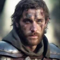 A former soldier from a fantasy empire, aged between 20 and 25, with a burn scar on his left eye and a beard