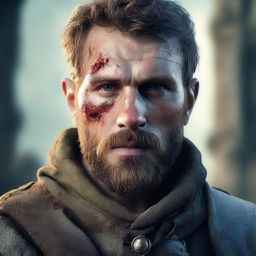 A former soldier from a fantasy empire, aged between 20 and 25, with a burn scar on his left eye and a beard