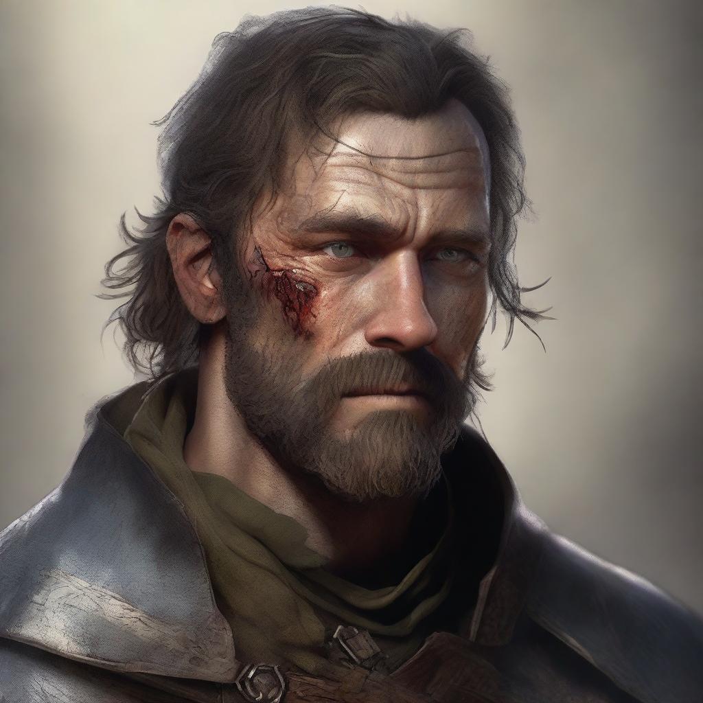 A former soldier from a fantasy empire, aged between 20 and 25, with a burn scar on his left eye, a beard, and missing an eye