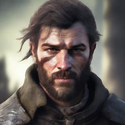 A former soldier from a fantasy empire, aged between 20 and 25, with a burn scar on his left eye, a beard, and missing an eye