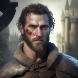 A former soldier from a fantasy empire, aged between 20 and 25, with a burn scar on his left eye, a beard, and missing an eye