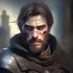 A former soldier from a fantasy empire, aged between 20 and 25, with a burn scar on his left eye, a beard, and missing an eye