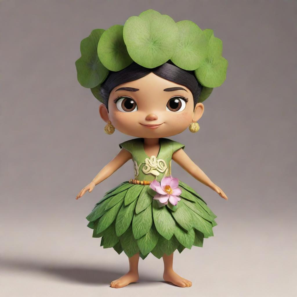 An animated character adorned in a costume designed with kiwi and lotus motifs, rendered in a cool animation style