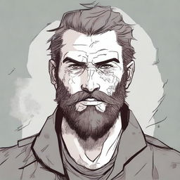 A former soldier from a fantasy empire, aged between 20 and 25, with a burn scar on his left eye and a beard