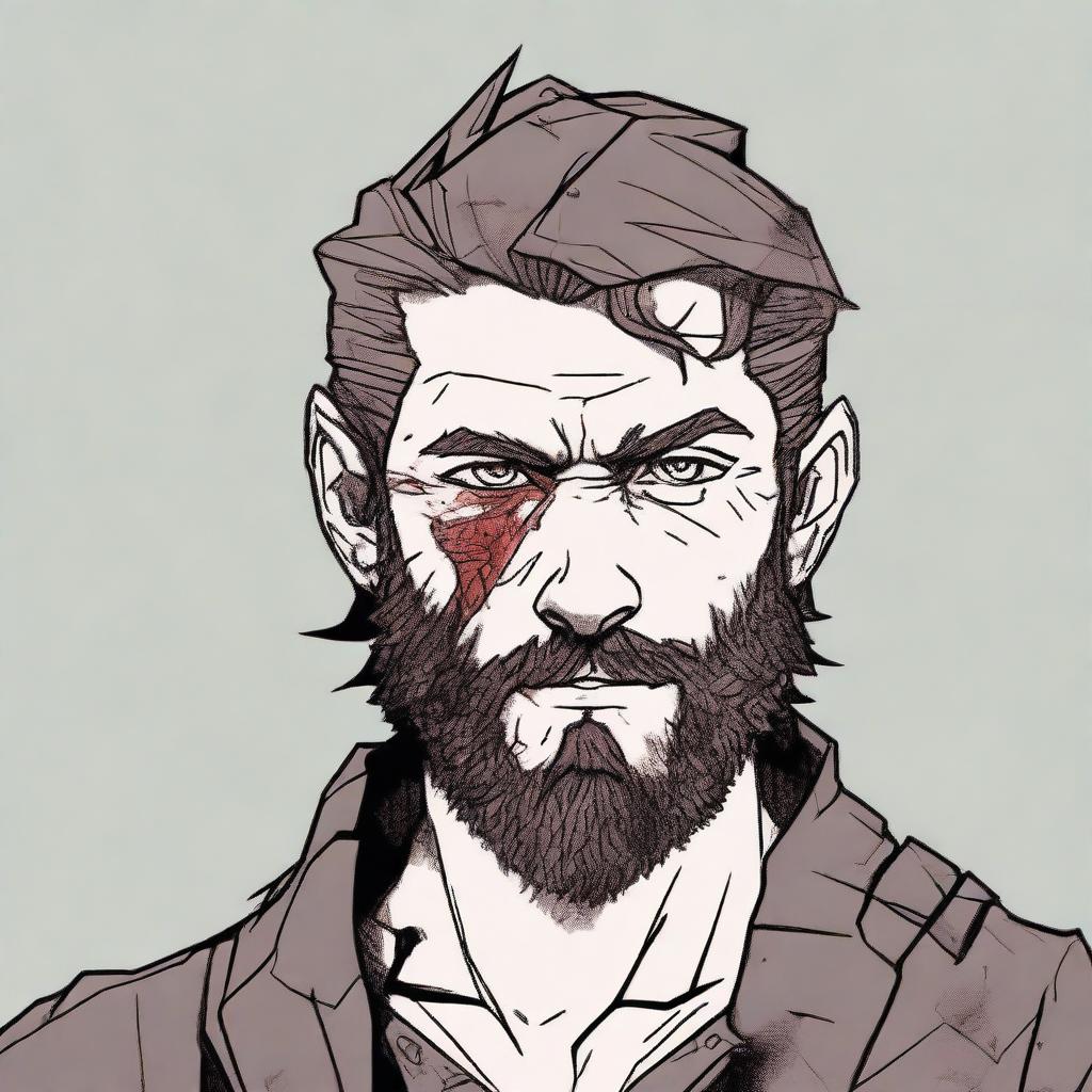 A former soldier from a fantasy empire, aged between 18 and 20, with a burn scar on his left eye and a beard