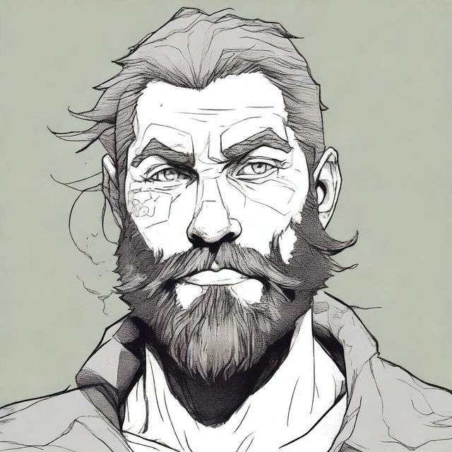 A former soldier from a fantasy empire, aged between 18 and 20, with a burn scar on his left eye and a beard