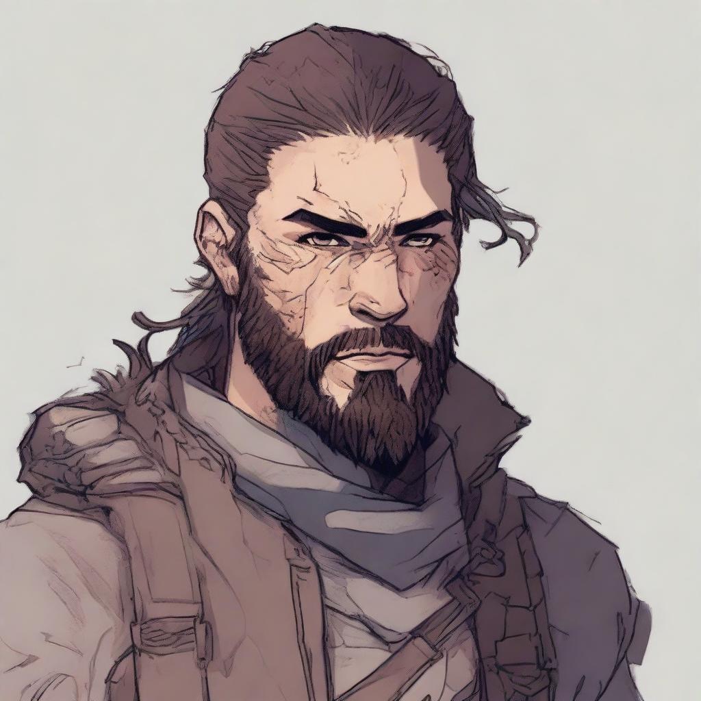 A former soldier from a fantasy empire, aged between 18 and 20, with a burn scar on his left eye and a beard