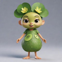 An animated character adorned in a costume designed with kiwi and lotus motifs, rendered in a cool animation style