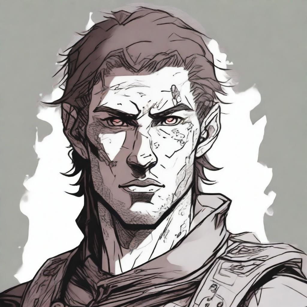 A former soldier from a fantasy empire, aged between 18 and 20, with a burn scar on his left eye