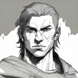 A former soldier from a fantasy empire, aged between 18 and 20, with a burn scar on his left eye