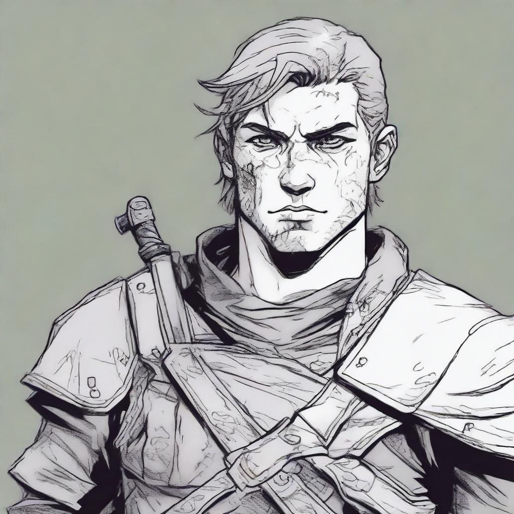 A former soldier from a fantasy empire, aged between 18 and 20, with a burn scar on his left eye