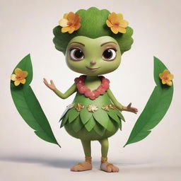 An animated character adorned in a costume designed with kiwi and lotus motifs, rendered in a cool animation style