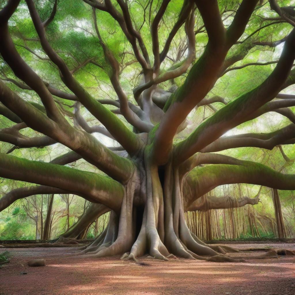 A majestic big banyan tree with thick, sprawling branches that converge at the top to form a natural house-like structure