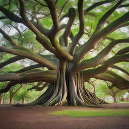 A majestic big banyan tree with thick, sprawling branches that converge at the top to form a natural house-like structure