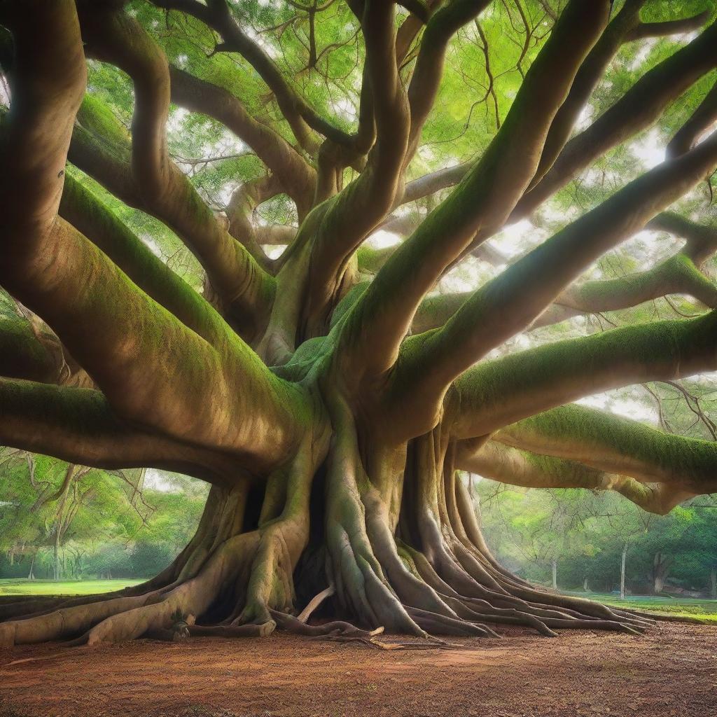 A majestic big banyan tree with thick, sprawling branches that converge at the top to form a natural house-like structure