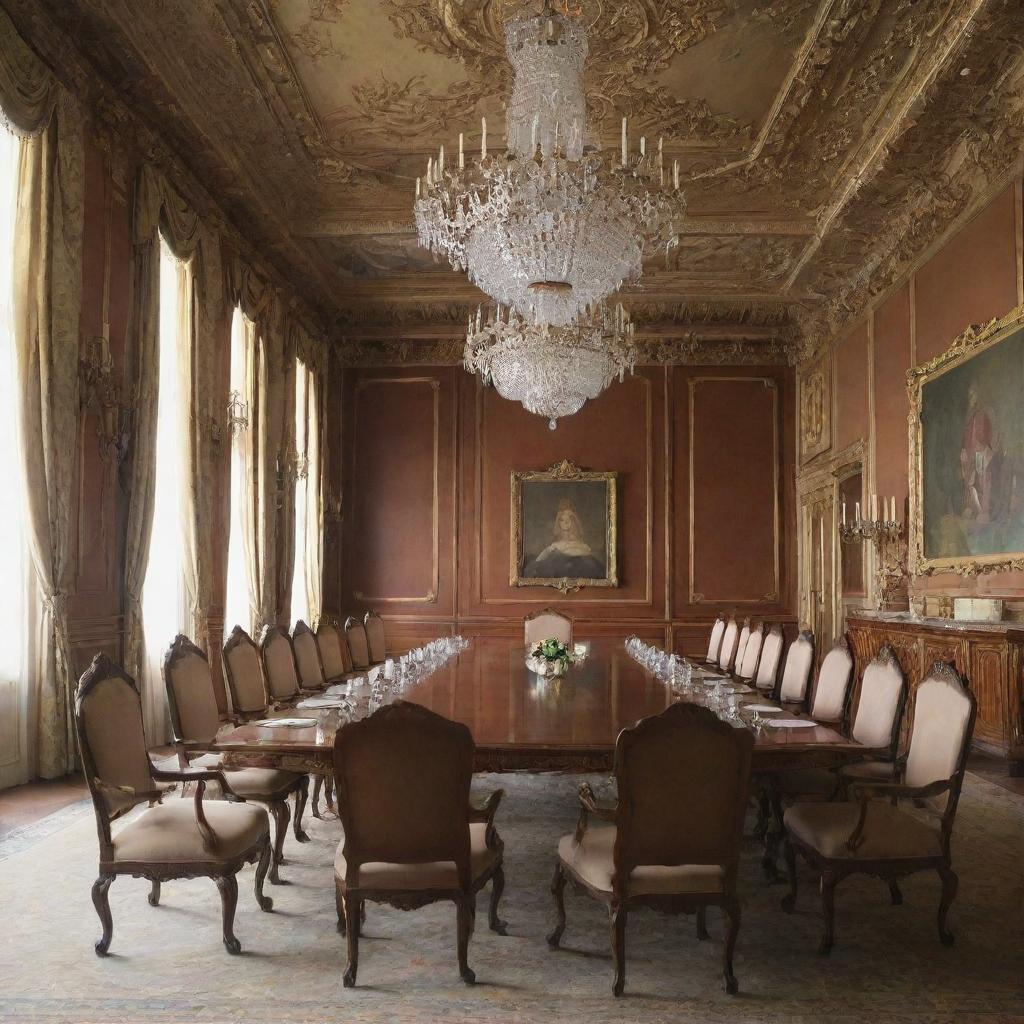 Anime-style regal meeting room in a palace, with a long table surrounded by six chairs. Five individuals are seated at the table and the king is sitting at the far end.