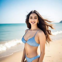 Kiara Advani wearing a stylish bikini, standing confidently on a sunny beach with clear blue skies and gentle waves in the background