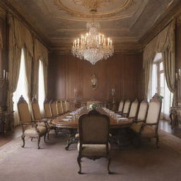 Anime-style regal meeting room in a palace, with a long table surrounded by six chairs. Five individuals are seated at the table and the king is sitting at the far end.