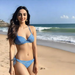 Kiara Advani wearing a stylish bikini, standing confidently on a sunny beach with clear blue skies and gentle waves in the background