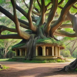 A grand banyan tree with thick branches that intricately form the shape of a house