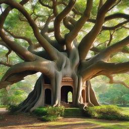 A grand banyan tree with thick branches that intricately form the shape of a house