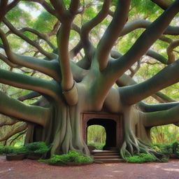 A grand banyan tree with thick branches that intricately form the shape of a house