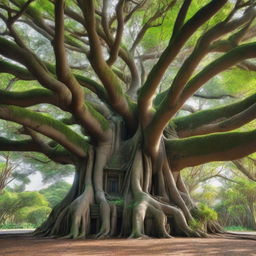 A grand banyan tree with thick, sprawling branches that form a house at the top