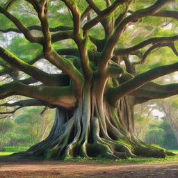 A grand banyan tree with thick, sprawling branches that form a house at the top