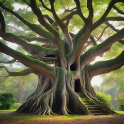 A grand banyan tree with thick, sprawling branches that form a house at the top