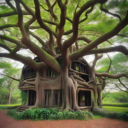 A grand banyan tree with thick, sprawling branches that form a house at the top