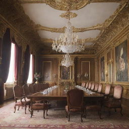 Anime-style regal meeting room in a palace, with a long table surrounded by six chairs. Five individuals are seated at the table and the king is sitting at the far end.