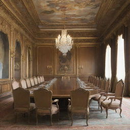 Anime-style regal meeting room in a palace, with a long table surrounded by six chairs. Five individuals are seated at the table and the king is sitting at the far end.