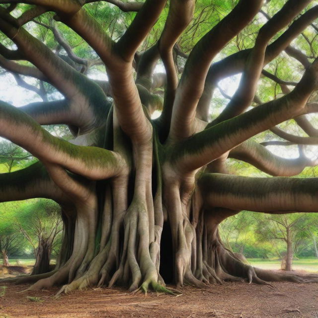 A big banyan tree with thick aerial roots that intertwine and merge at the very top to form a house