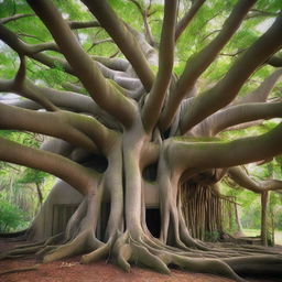 A big banyan tree with thick aerial roots that intertwine and merge at the very top to form a house