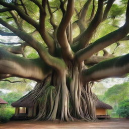 A big banyan tree with thick aerial roots that intertwine and merge at the very top to form a house