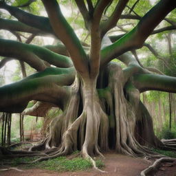 A big banyan tree with thick aerial roots that intertwine and merge at the very top to form a house