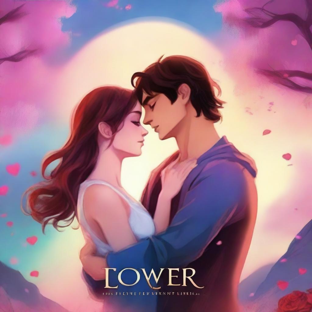 Create a book cover in an animated style for a fantasy romance story titled 'Lovers'