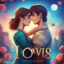 Create a book cover in an animated style for a fantasy romance story titled 'Lovers'