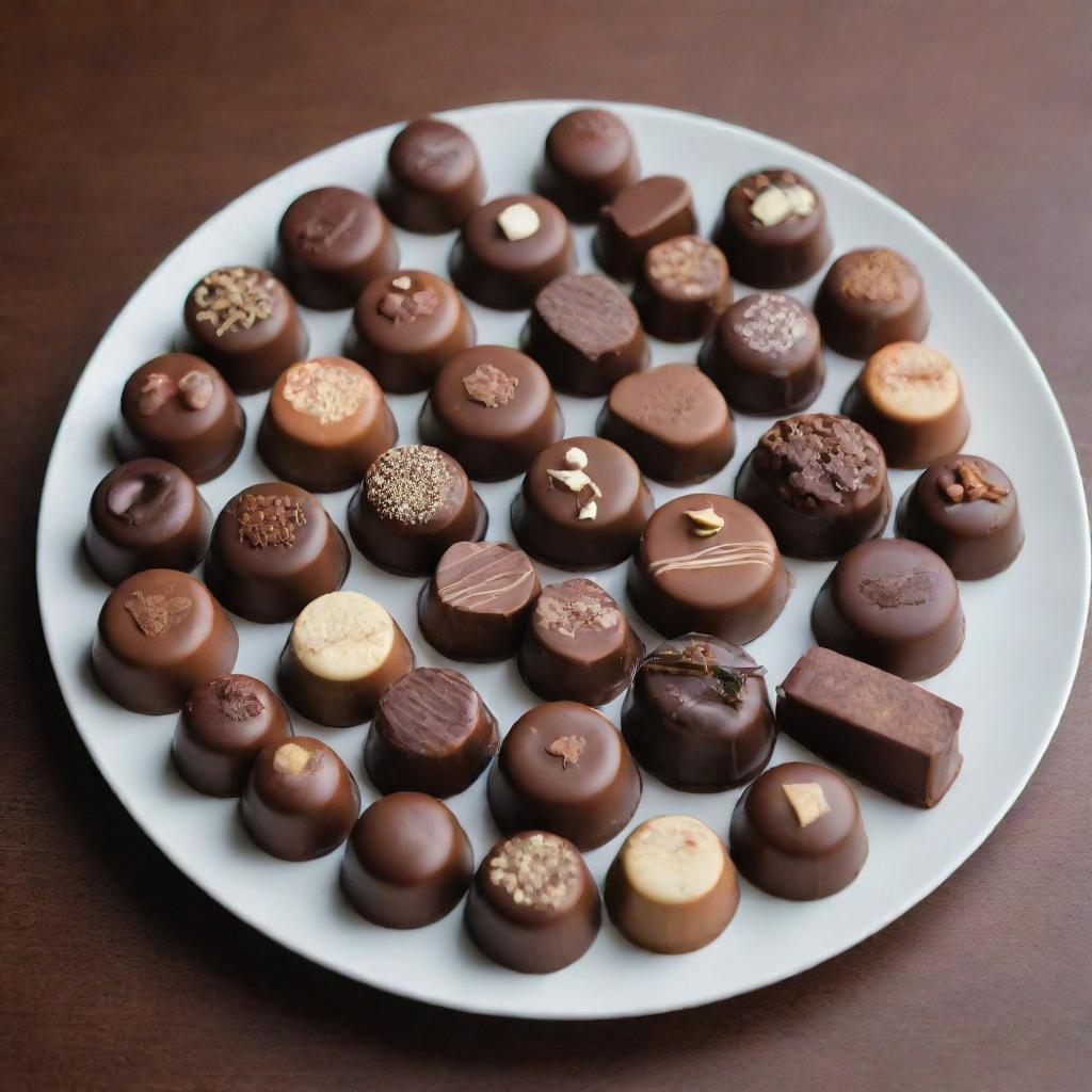 A delectable assortment of various types of chocolates, decorated beautifully on a platter