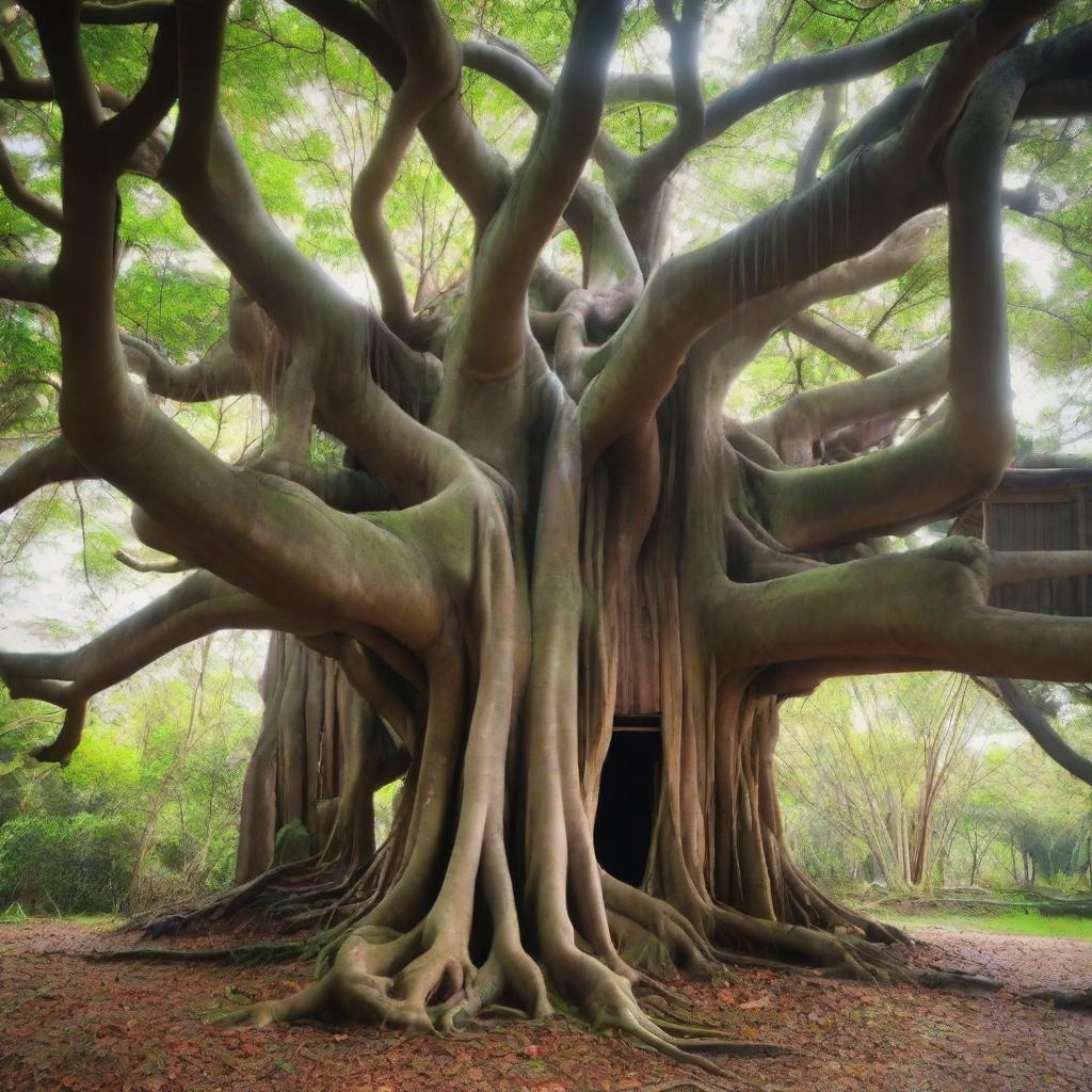 A big banyan tree with thick aerial roots that intertwine and merge to form a large house at the very top of the tree